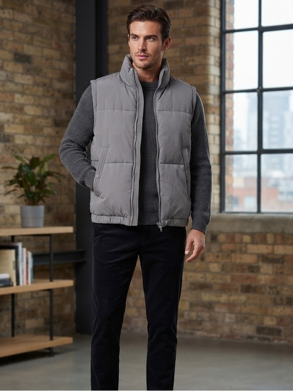 Puffer Vest in Taupe Gray - Sleeveless Zip Front Unisex